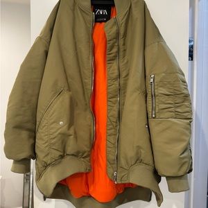 Zara Olive Green Bomber Jacket with Orange Lining